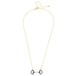 Gold horsebit necklace with navy enamel pendant on adjustable chain