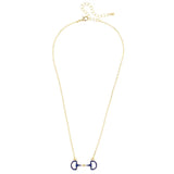 Gold horsebit necklace with navy enamel pendant on adjustable chain