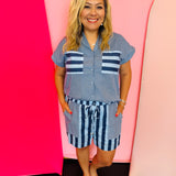 Navy striped cap sleeve top with button front and mixed stripe panel detail