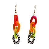 Neon lucite dangle earrings with pink, orange, yellow links and zebra print interlocking design, 3.82 x 0.75 inches.