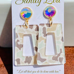 Neutral camo acrylic earrings with AB crystal studs.