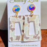 Neutral camo acrylic earrings with AB crystal studs.