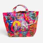 Hot pink NYC tote bag with colorful Statue of Liberty, skyline, subway, and Brooklyn Bridge collage.