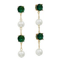 Gold drop earrings with emerald stones and pearl accents, 2-inch post-back design.