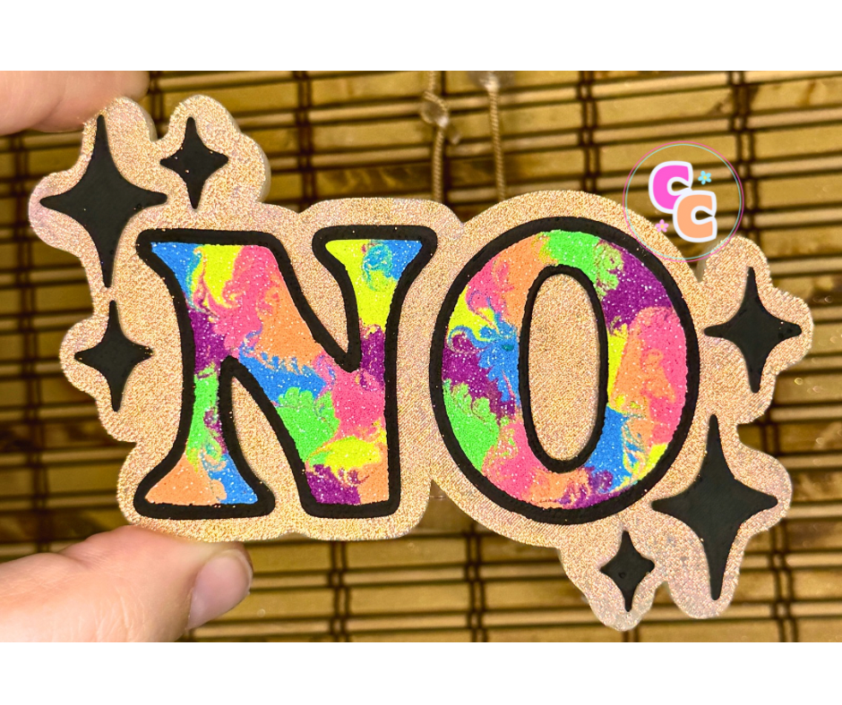 No freshie featuring the word NO with colorful decorative designs.