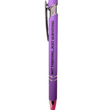 Purple Not Thriving Just Surviving pen with stylus tip and black lettering.