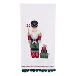 Embroidered nutcracker tea towel with candy cane staff and Christmas presents on soft cotton fabric.