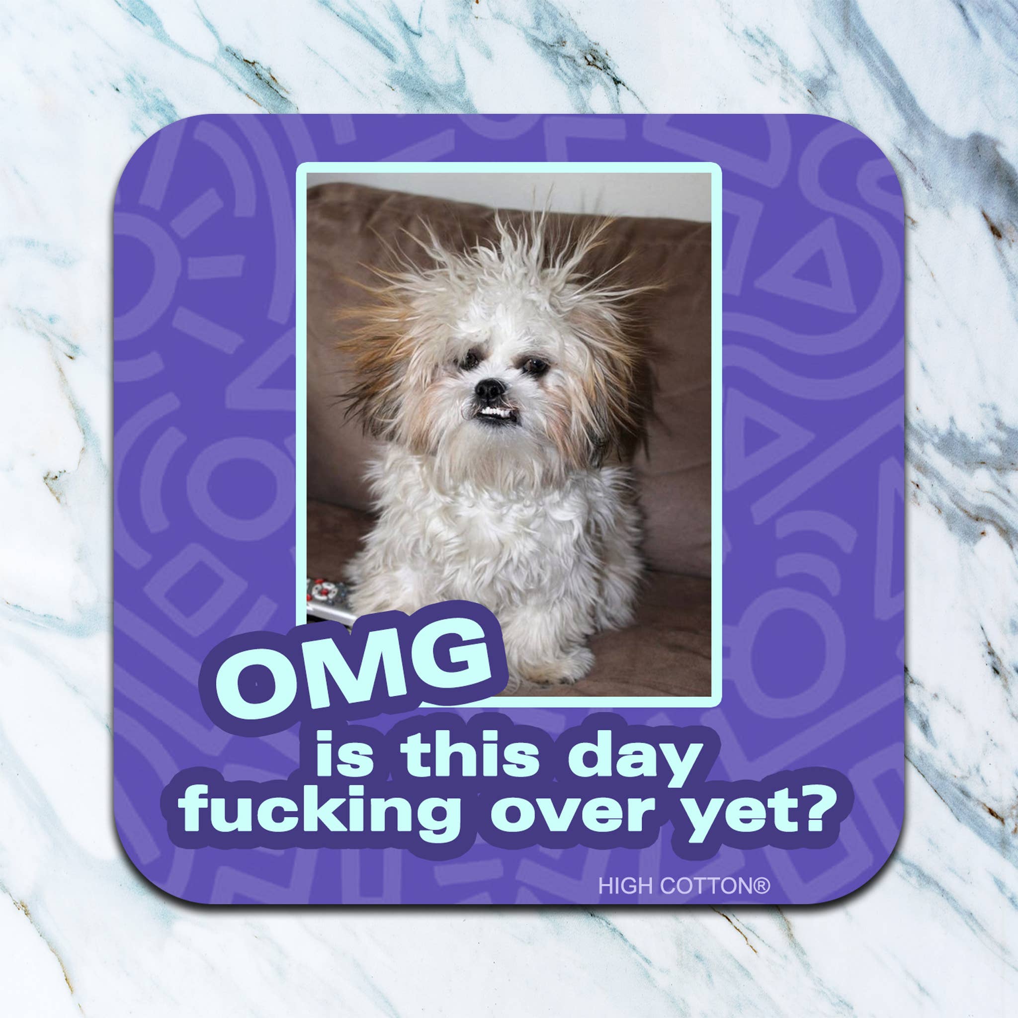 Funny dog coaster with OMG Is This Day F*cking Over Yet quote