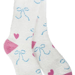 A pair of plush, soft crew socks with a repeating pattern of small blue bows and pink hearts. The socks feature solid, contrasting bright pink heels and toes.