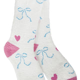 A pair of plush, soft crew socks with a repeating pattern of small blue bows and pink hearts. The socks feature solid, contrasting bright pink heels and toes.