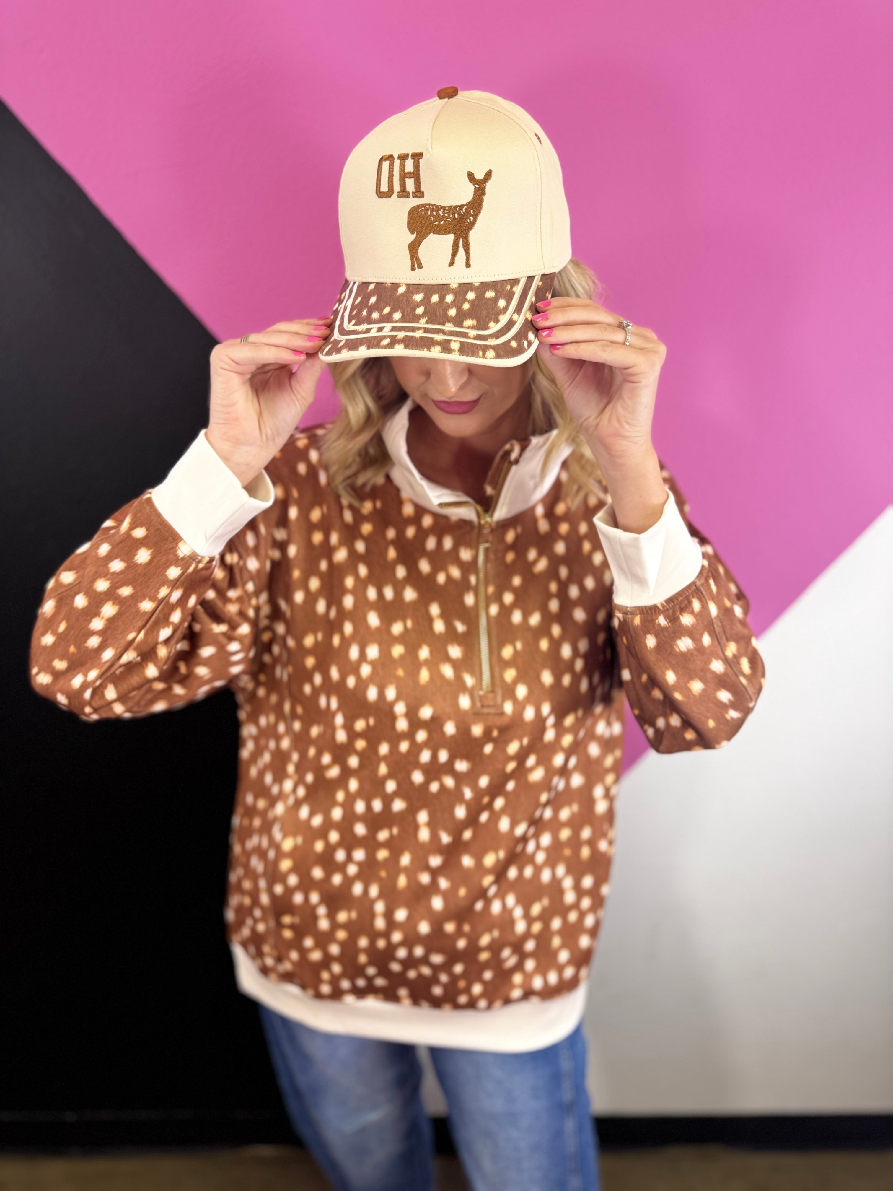 Oh Deer hat with embroidered deer design, printed bill, and adjustable closure.
