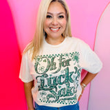 Natural tone St. Patrick’s Day tee with “Oh For Luck’s Sake” graphic, clovers, and rhinestone accents.