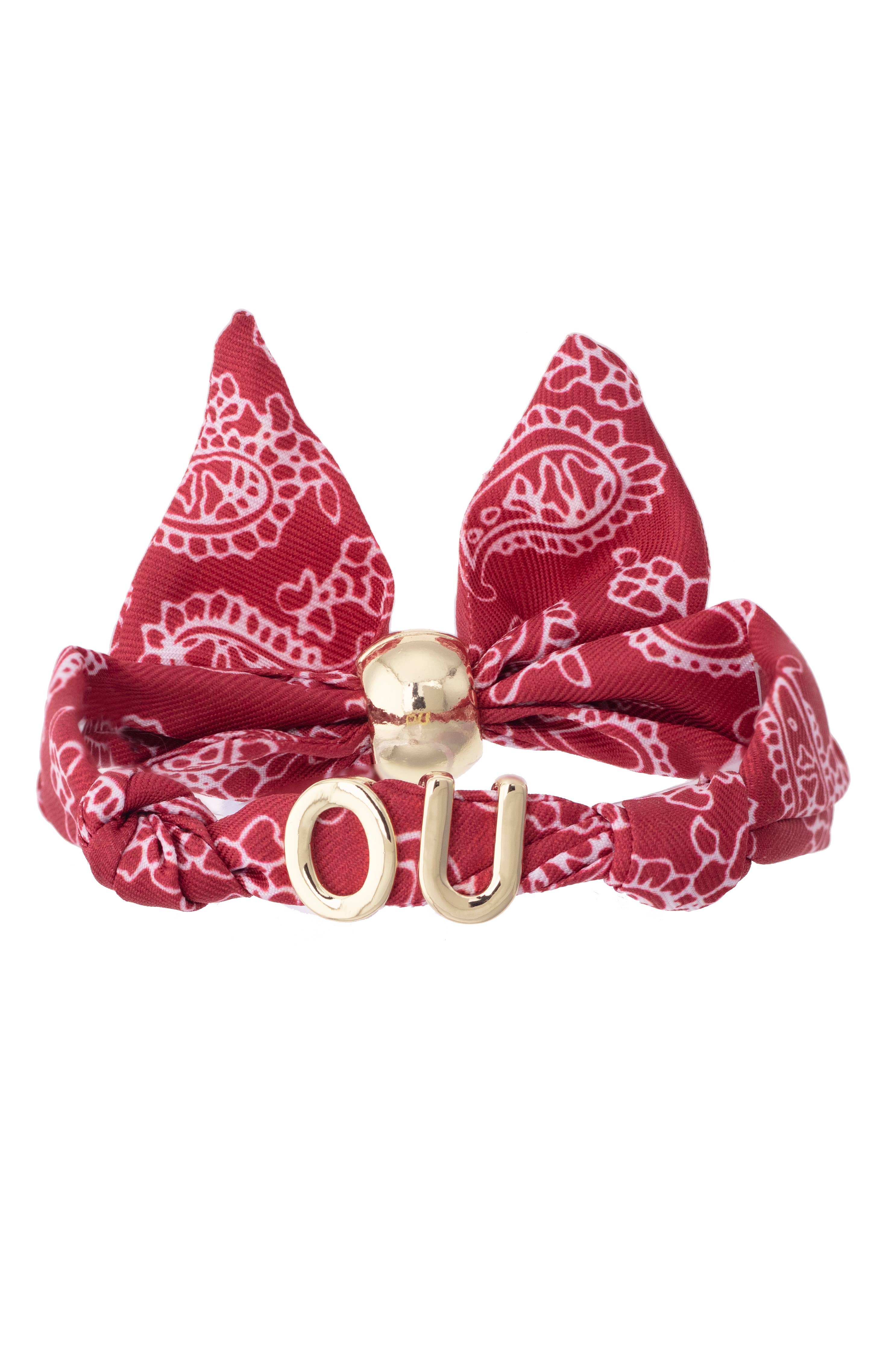 Oklahoma Sooners bandana slider bracelet with gold OU letter charms and adjustable fabric band.