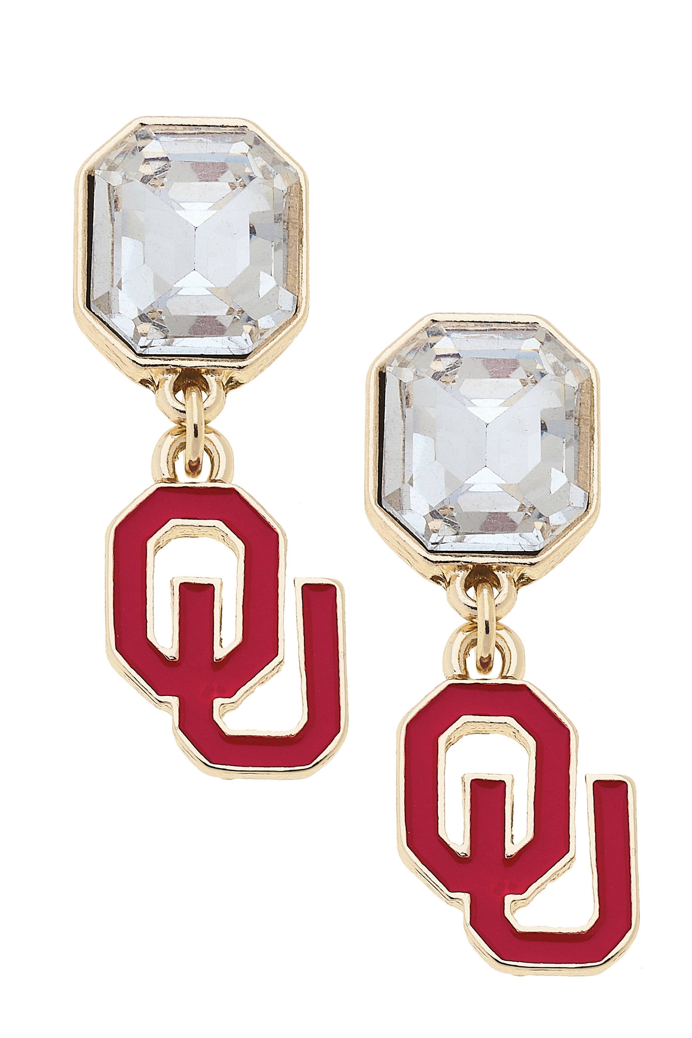Gold Oklahoma Sooners logo earrings with crimson enamel and sparkling rhinestones.