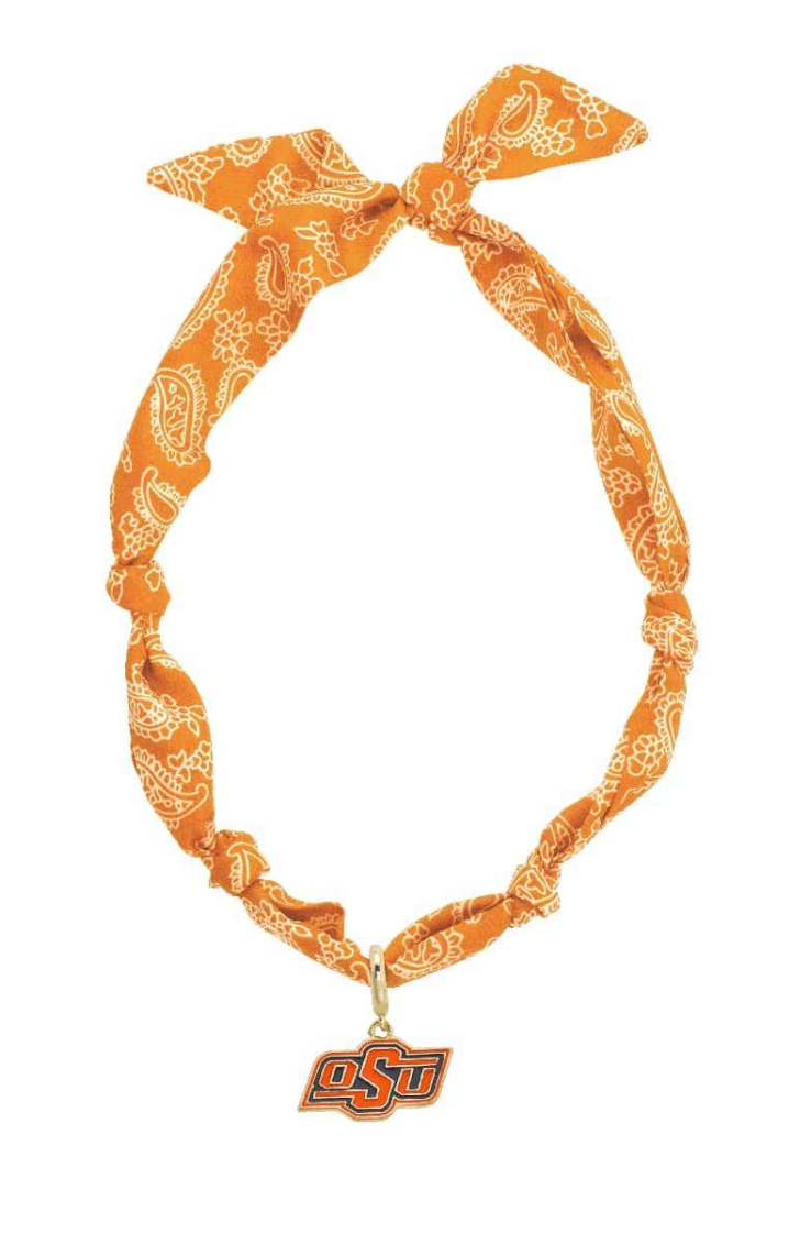 Oklahoma State Cowboys bandana scarf necklace with OSU logo detail.