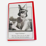 Vintage black-and-white birthday card with a funny message about aging and driving.