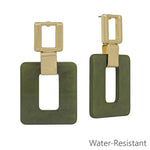 Olive acrylic gold square earrings, 2 inch, water resistant and lightweight.