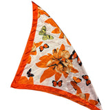 Orange lily floral bandana scarf with orange and yellow butterflies in soft satin fabric.