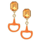 Gold horsebit earrings with orange enamel and rhinestone stud detail