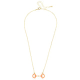 Gold horsebit necklace with orange enamel pendant on adjustable chain