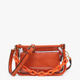 Clear crossbody bag with orange trim, chain strap, and removable inner pouch