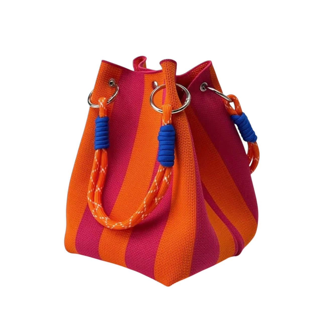 Pink and orange striped tote bag with blue rope handles.