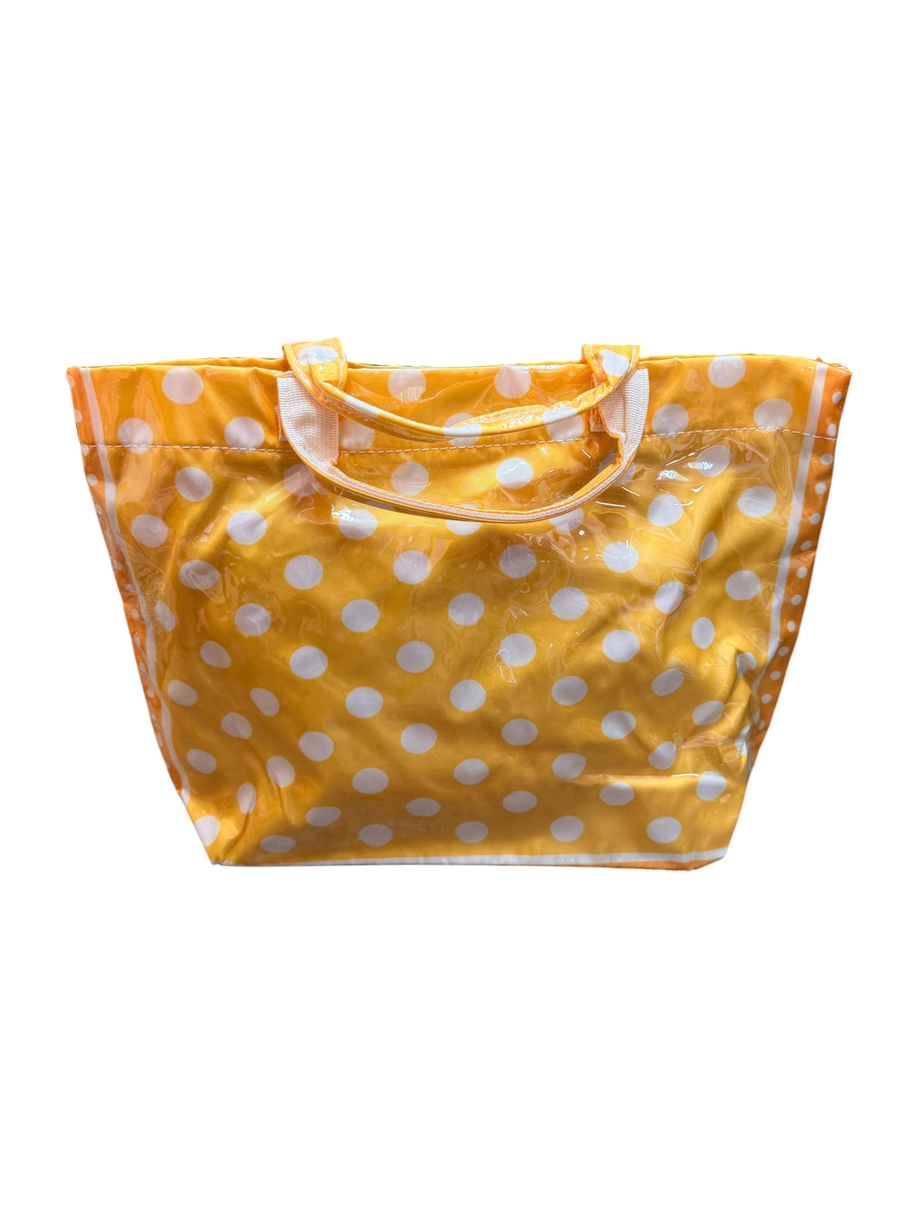 Orange PVC tote bag with white polka dots, dark orange sides, and sturdy top handles.