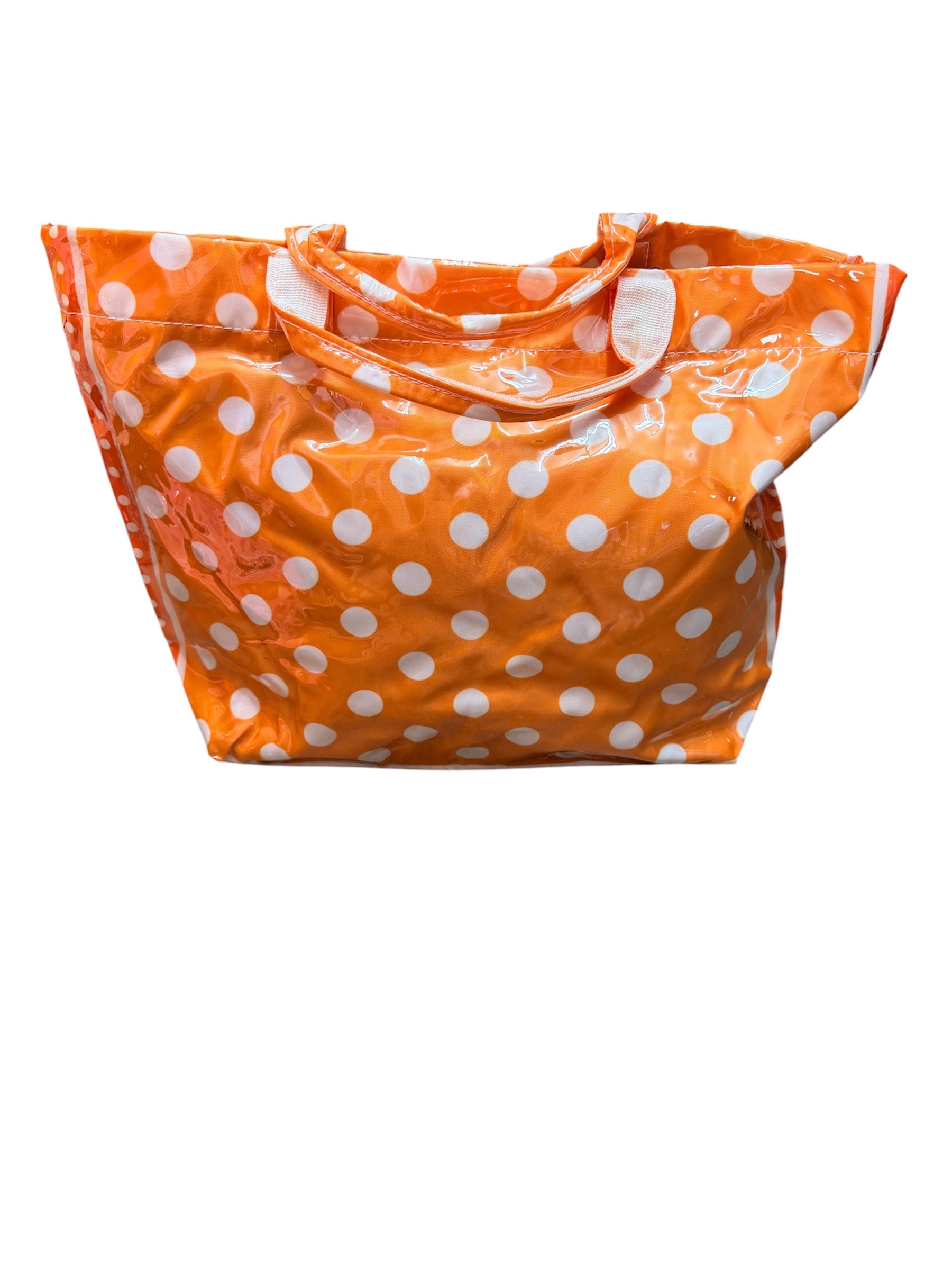 Dark orange PVC tote bag with white polka dots, deeper orange sides, and sturdy handles