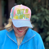 Tie dye baseball hat with blue stripes and Out Of Office embroidery.