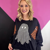 Oversized Halloween sweatshirt with three plaid ghost appliqués and raw-edge details.