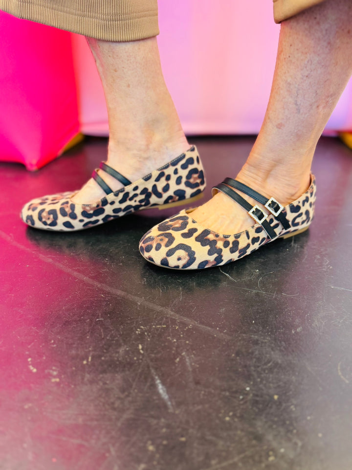 Own It Leopard Slippers, Mary Jane flats with leopard print, double black straps, and rhinestone buckle detail.