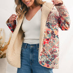 Cream paisley floral hooded jacket with plush Sherpa lining and open-front fit.