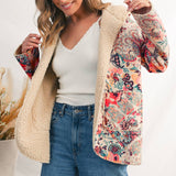 Cream paisley floral hooded jacket with plush Sherpa lining and open-front fit.
