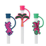Palm Royale straw topper set with reusable straws and silicone cap charms.