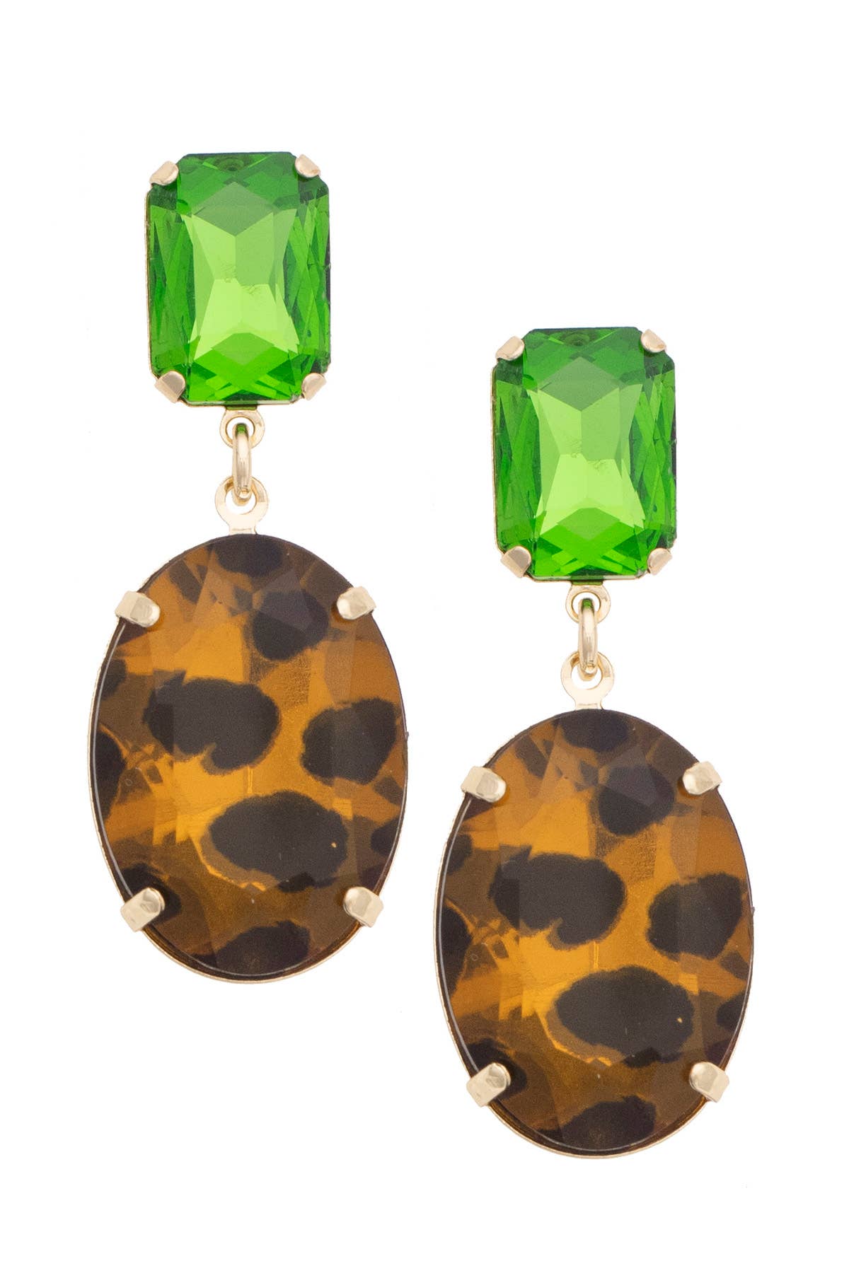 Green crystal drop earrings with vibrant faceted light-catching stones.