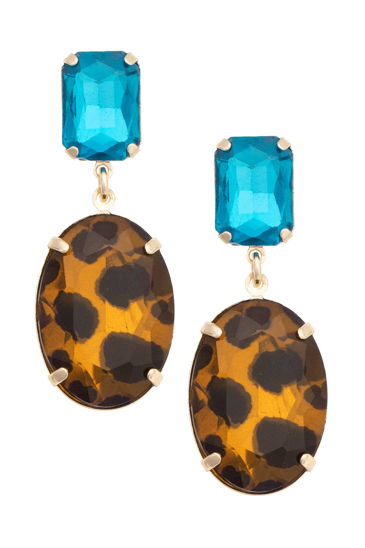 Teal crystal drop earrings with vibrant faceted light-catching stones.