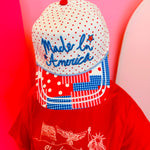 Patchwork Made In America hat with patriotic brim and embroidered icons.