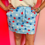 Aqua patriotic star print skort with red white and blue stars