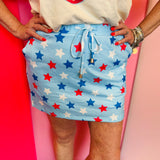 Aqua patriotic star print skort with red white and blue stars