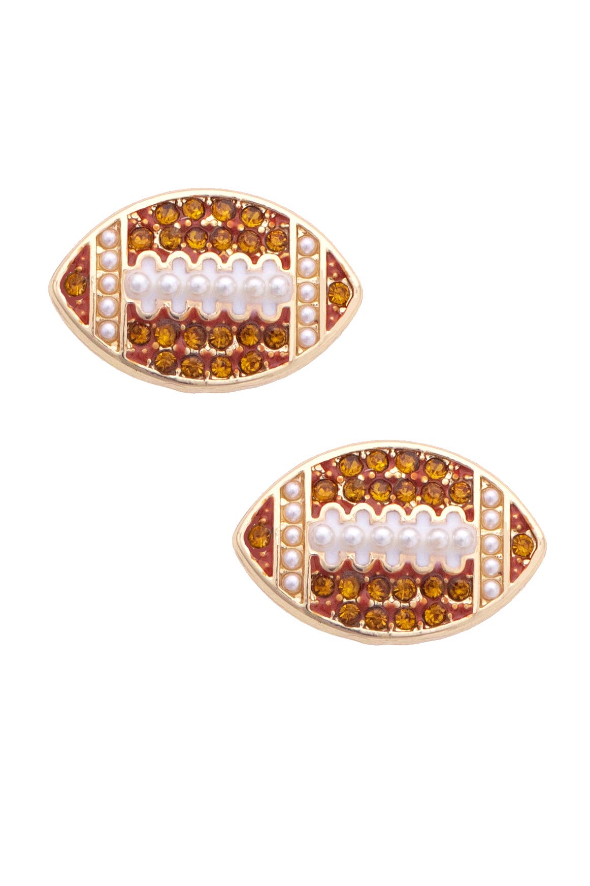 Shiny gold football stud earrings with sparkling pavé accents.