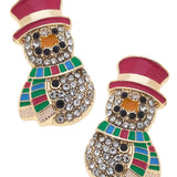 Gold snowman stud earrings with Swarovski crystals, colorful enamel scarves, and pink top hats.