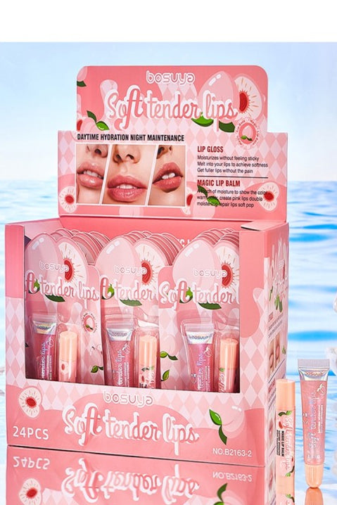 Peach magic lip balm and gloss duo for moisturizing lips with hydrating shine.