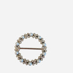 Silver-tone round scarf slide with pearls, rhinestones, and delicate floral-inspired clusters.