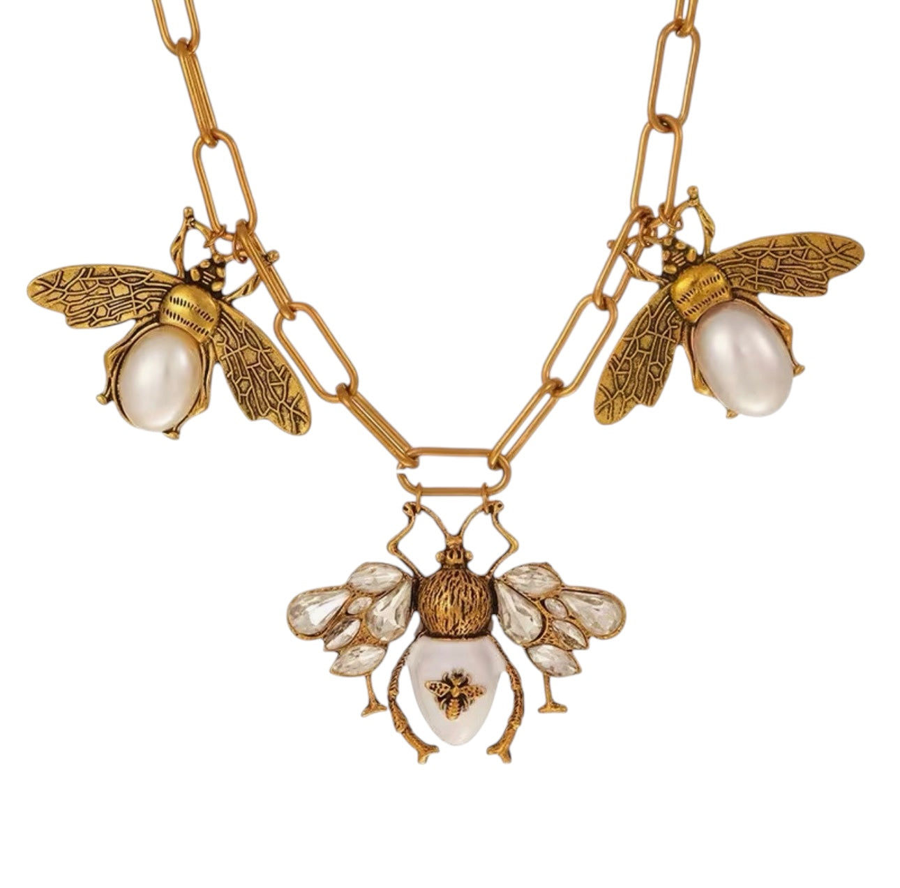 Gold bee necklace with pearl and rhinestone charm