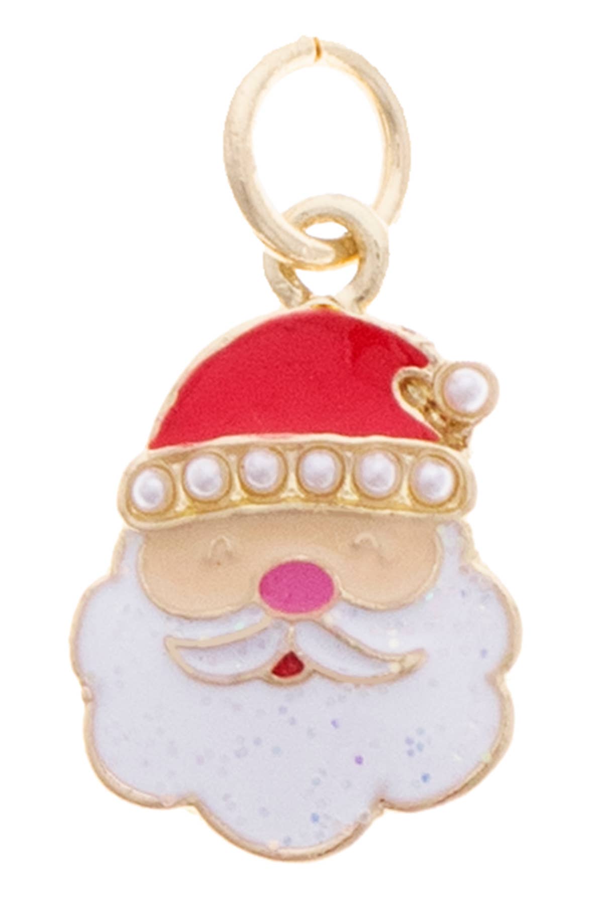Santa charm with pearl accents, red and white enamel, and shiny gold finish.