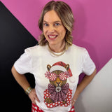 White tee with Christmas leopard, peppermint glasses, pink leopard bow, and rhinestone accents.