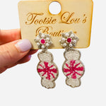 Pink and white peppermint beaded earrings with pearl cluster stud and shimmering accents.