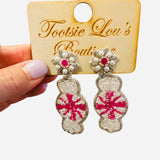 Pink and white peppermint beaded earrings with pearl cluster stud and shimmering accents.
