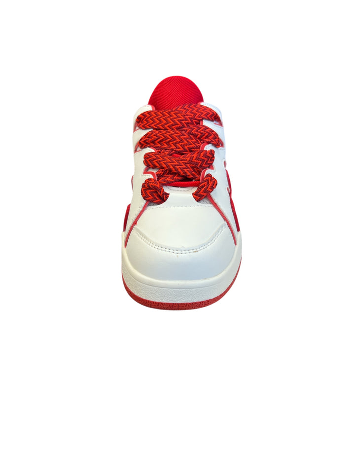 Red and white sneakers with a dynamic wave design, thick platform sole, and zigzag laces — bold, sporty, and eye-catching.