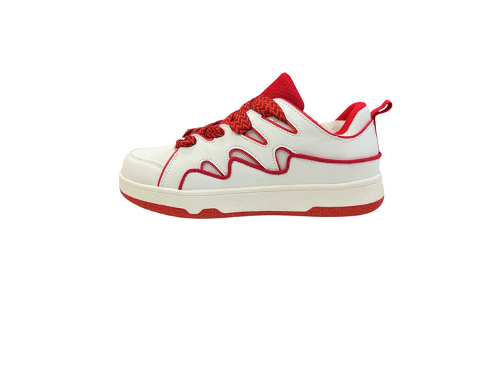 Red and white sneakers with a dynamic wave design, thick platform sole, and zigzag laces — bold, sporty, and eye-catching.